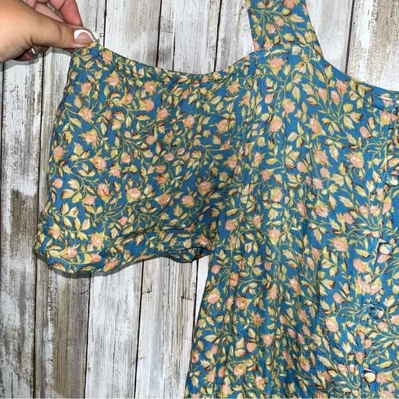 Billabong Blue Floral Open Off The Shoulder Button Blouse - Picture 3 of 5